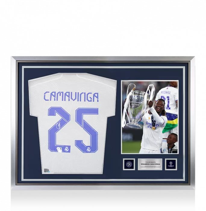 Eduardo Camavinga Official UEFA Champions League Back Signed and Hero Framed Real Madrid 2021-22 Home Shirt