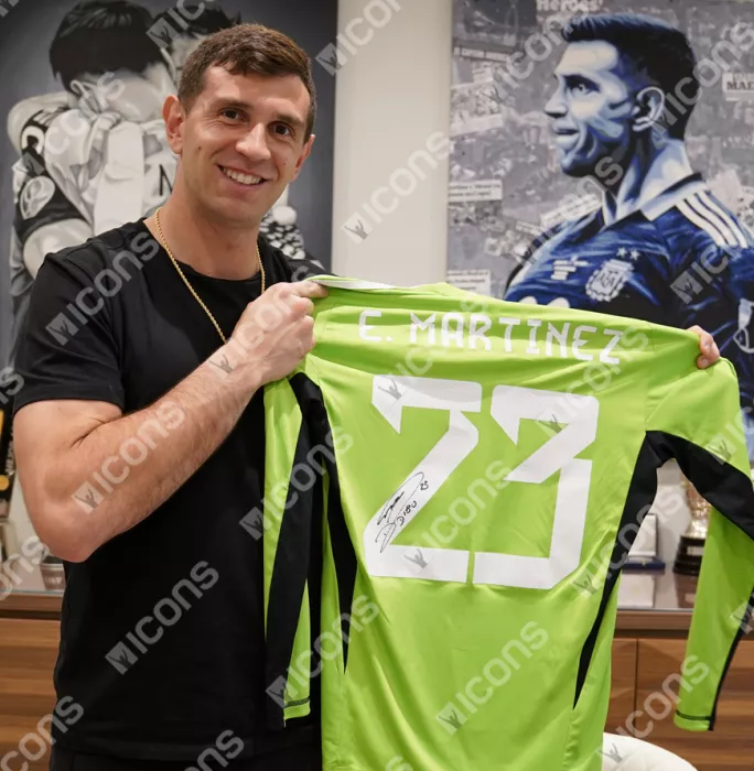 Emiliano Martinez Back Signed Adidas TIRO Goalkeeper Shirt In Hero Frame: Option 1