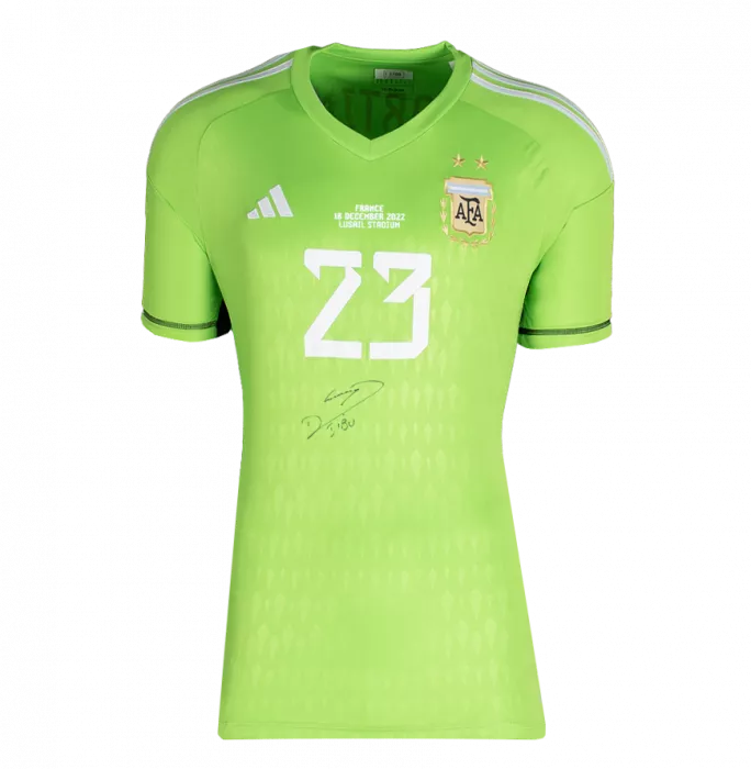 Emiliano Martinez Front Signed Argentina 2022 Home Goalkeeper Shirt In Deluxe Packaging