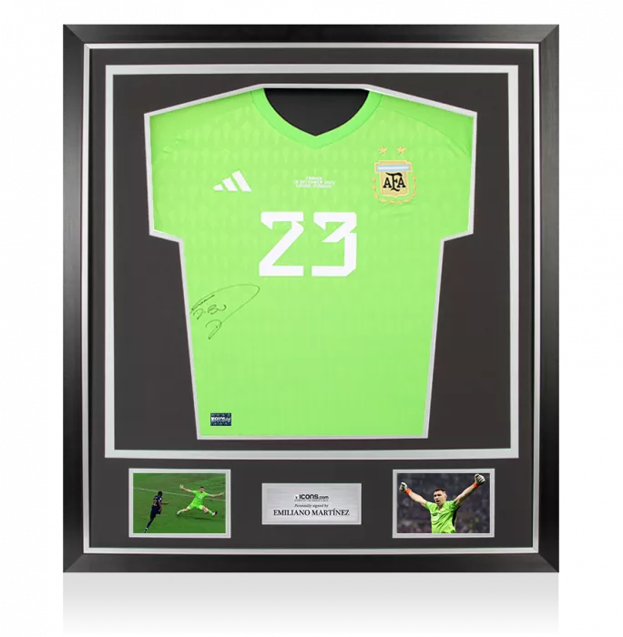 Emiliano Martinez Front Signed Argentina 2022 Home Goalkeeper Shirt In Classic Frame