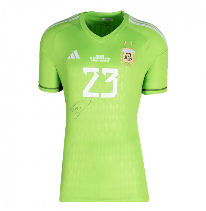 Emiliano Martinez Front Signed Argentina 2022 Home Goalkeeper Shirt In Hero Frame: Option 1