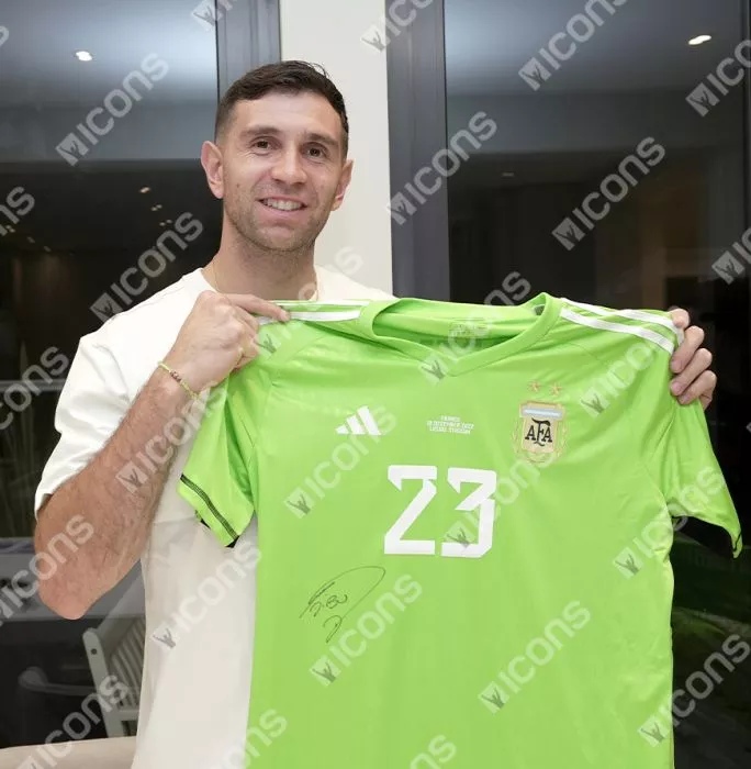 Emiliano Martinez Front Signed Argentina 2022 Home Goalkeeper Shirt In Hero Frame: Option 1