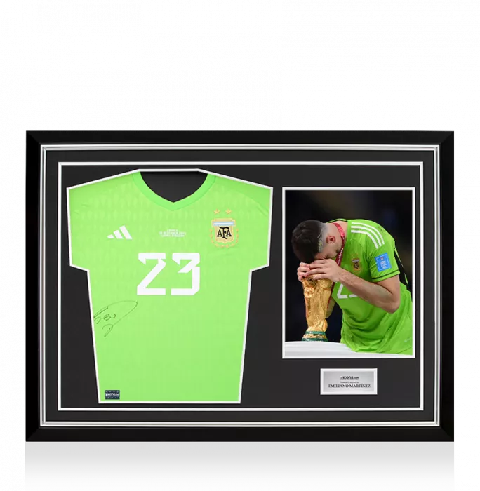 Emiliano Martinez Front Signed Argentina 2022 Home Goalkeeper Shirt In Hero Frame: Option 1