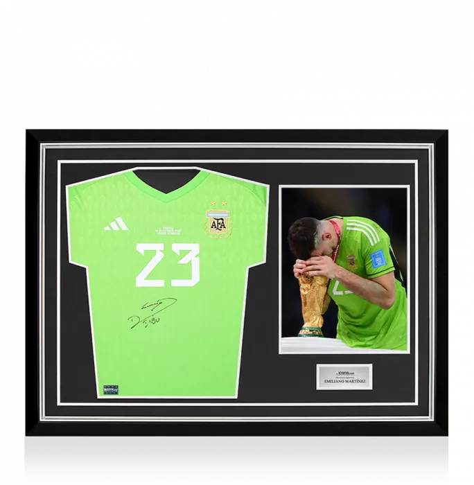 Emiliano Martinez Front Signed Argentina 2022 Home Goalkeeper Shirt In Hero Frame: Option 1