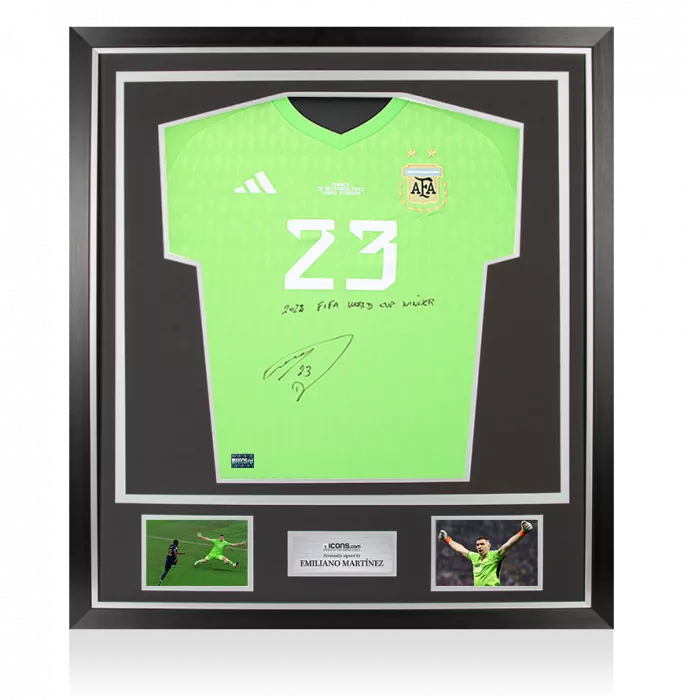 Emiliano Martinez Front Signed Argentina 2022 Home Goalkeeper Shirt - "2022 FIFA World Cup Winner" Inscription In Classic Frame