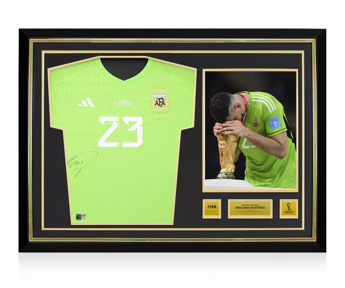 Emiliano Martinez Official 2022 FIFA World Cup™ Front Signed And Hero Framed Argentina 2022 Home Goalkeeper Shirt