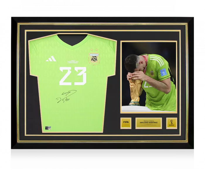 Emiliano Martinez Official 2022 FIFA World Cup™ Front Signed and Hero Framed Argentina 2022 Home Goalkeeper Shirt