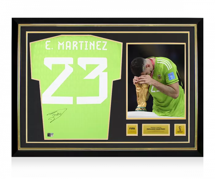 Emiliano Martinez Official 2022 FIFA World Cup™ Back Signed and Hero Framed Argentina 2022 Home Goalkeeper Shirt