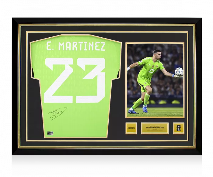 Emiliano Martinez Official 2026 FIFA World Cup™ Back Signed and Hero Framed Argentina 2022 Home Goalkeeper Shirt