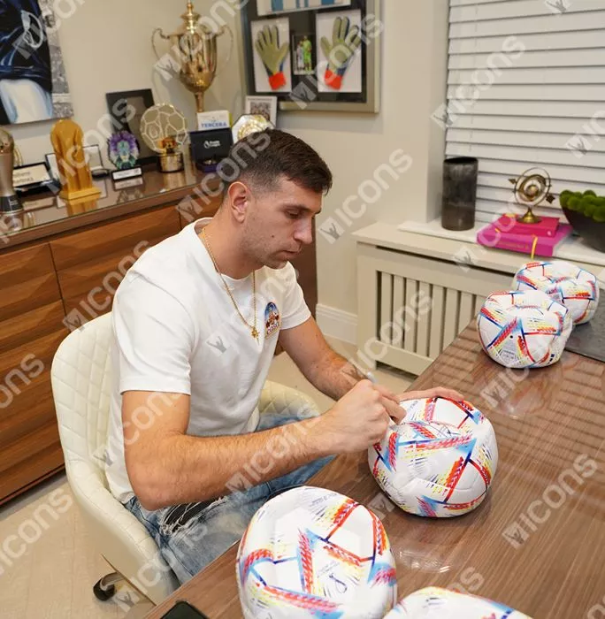 Emiliano Martinez Signed 2022 FIFA World Cup Football In Acrylic Case