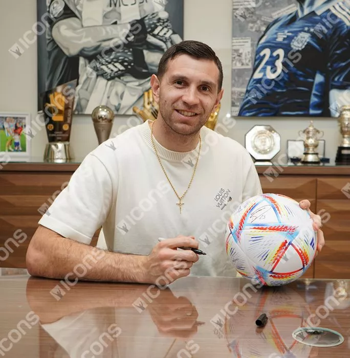 Emiliano Martinez Signed 2022 FIFA World Cup Football In Acrylic Case