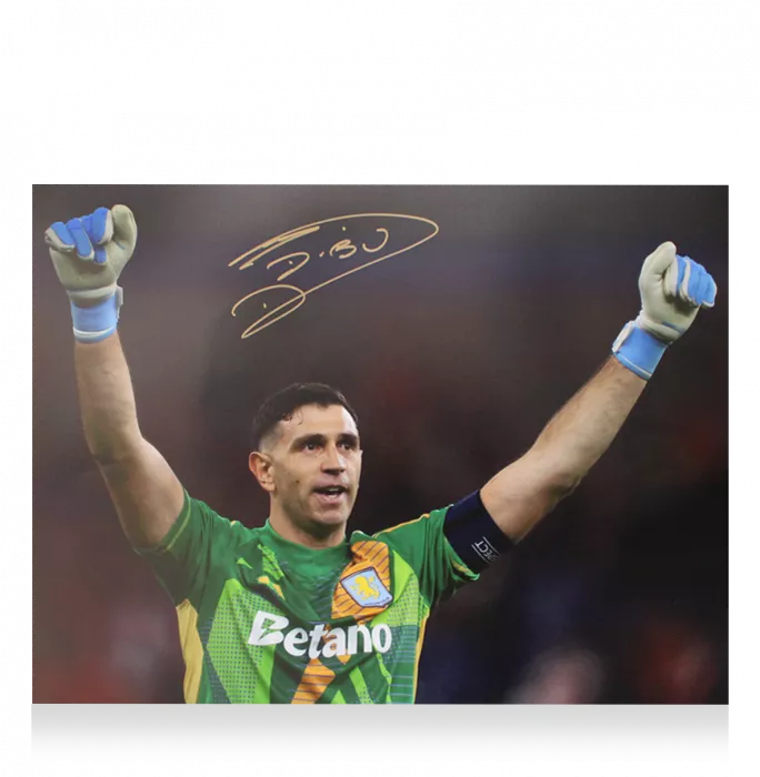 Emiliano Martinez Signed Aston Villa Photo In Black Wooden Frame: UEFA Champions League Celebration