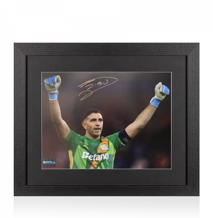 Emiliano Martinez Signed Aston Villa Photo In Black Wooden Frame: UEFA Champions League Celebration