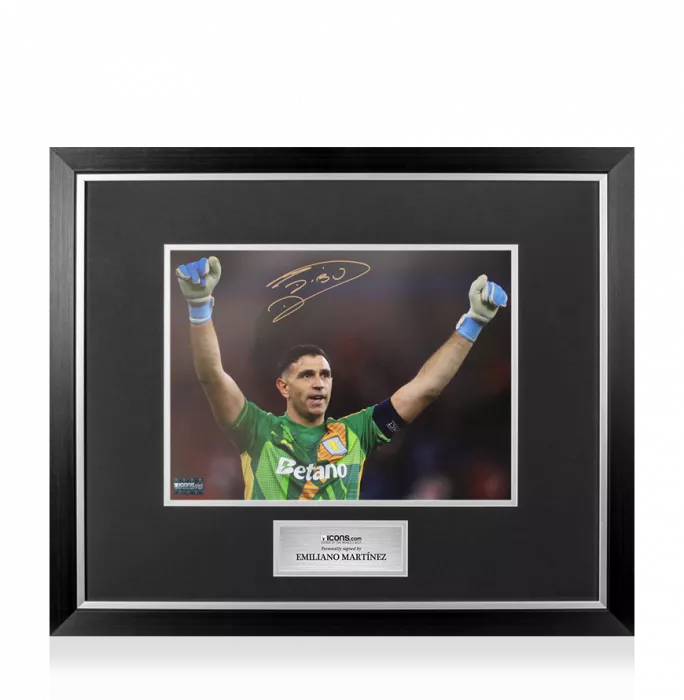 Emiliano Martinez Signed Aston Villa Photo In Premium Photo Frame: UEFA Champions League Celebration
