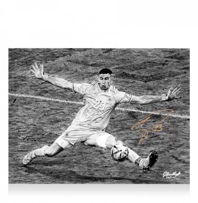 Emiliano Martinez Signed Tribute Artwork In Black Wooden Frame: Iconic 2022 FIFA World Cup Final Save