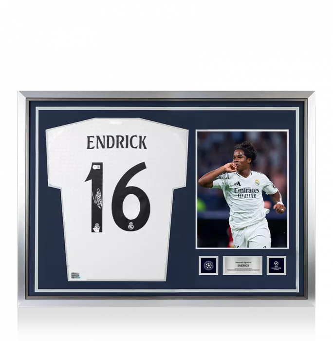 Endrick Official UEFA Champions League Back Signed and Hero Framed Real Madrid CF 2024-25 Home Shirt