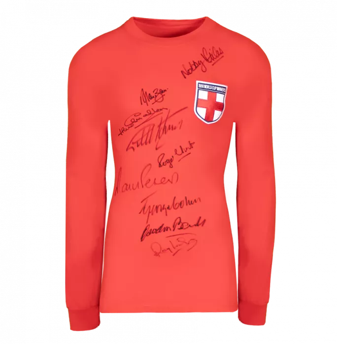 England 1966 St George Cross Shirt- Signed By 9 In Hero Frame: Option 1