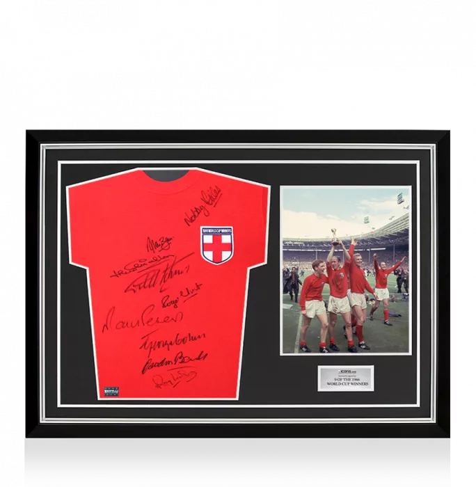 England 1966 St George Cross Shirt- Signed By 9 In Hero Frame: Option 1
