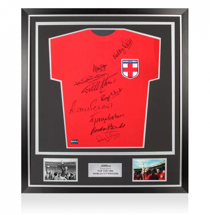 England 1966 St George Cross Shirt- Signed By 9 In Classic Frame