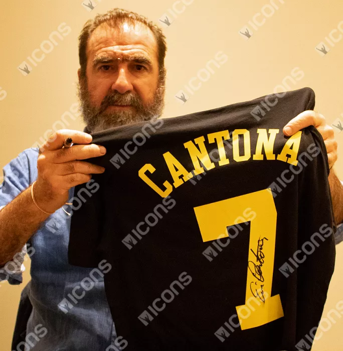Eric Cantona Back Signed Black Kung-Fu Kick Style Shirt In Hero Frame: Option 2