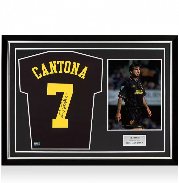 Eric Cantona Back Signed Black Kung-Fu Kick Style Shirt In Hero Frame: Option 1