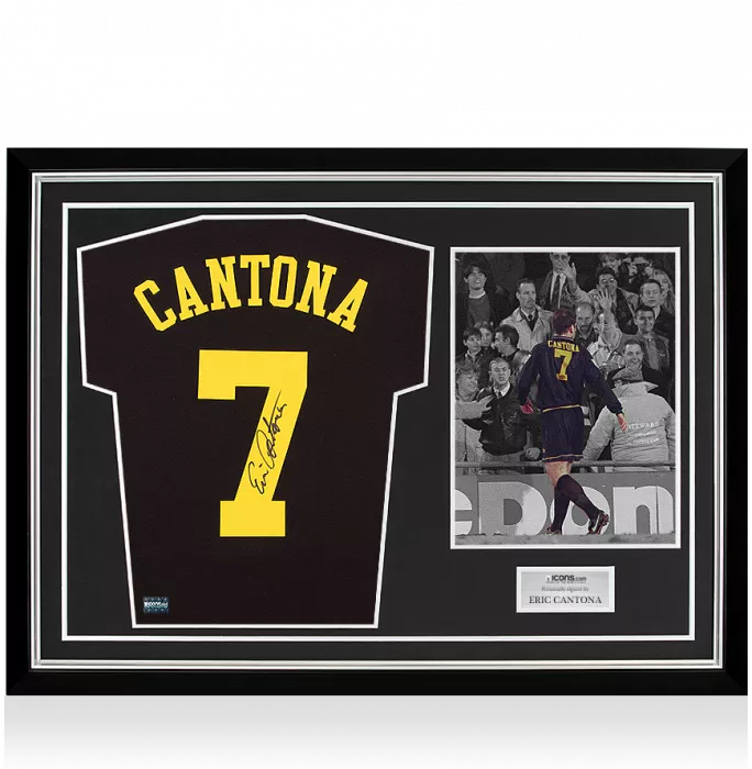 Eric Cantona Back Signed Black Kung-Fu Kick Style Shirt In Hero Frame: Option 2