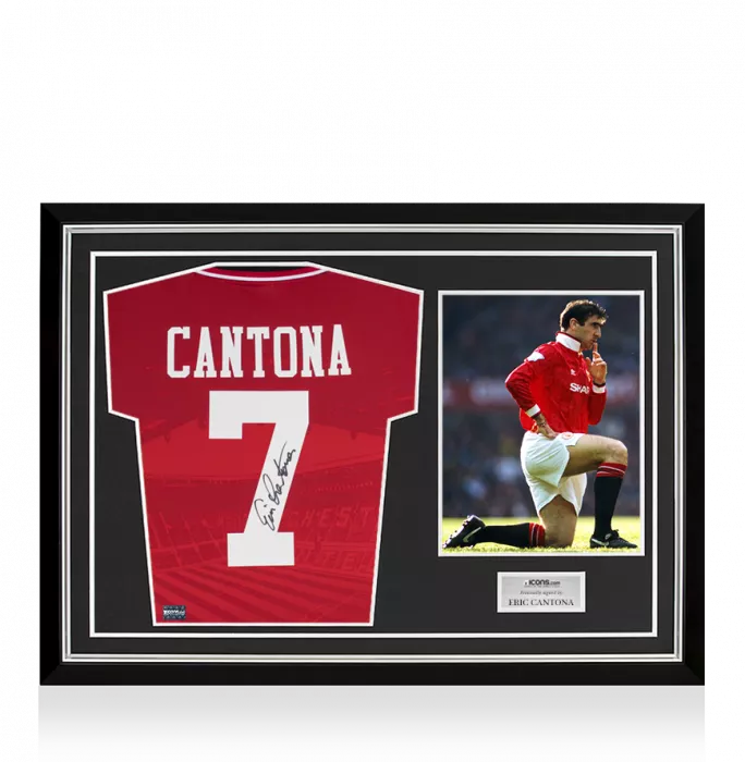 Eric Cantona Back Signed Manchester United 1994-96 Home Shirt With Fan Style Numbers Home Shirt In Hero Frame: Option 1