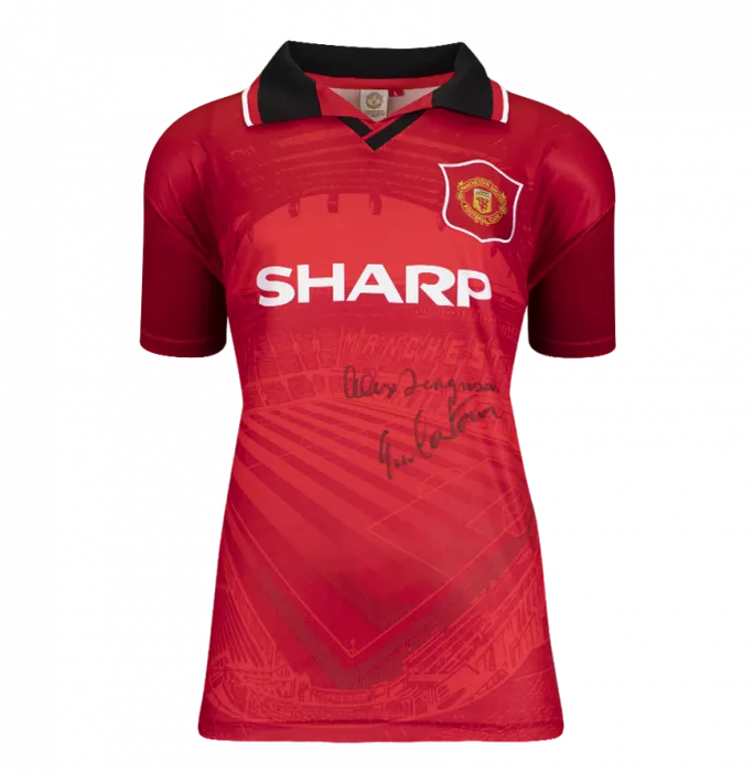 Eric Cantona Dual Front Signed Manchester United 1996 Home Shirt With Sir Alex Ferguson In Hero Frame: Option 1