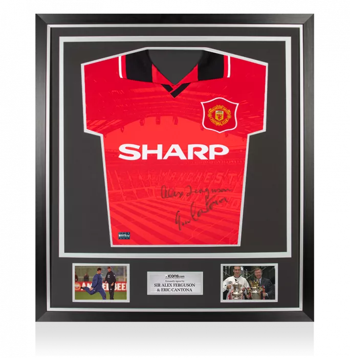 Eric Cantona Dual Front Signed Manchester United 1996 Home Shirt with Sir Alex Ferguson In Classic Frame