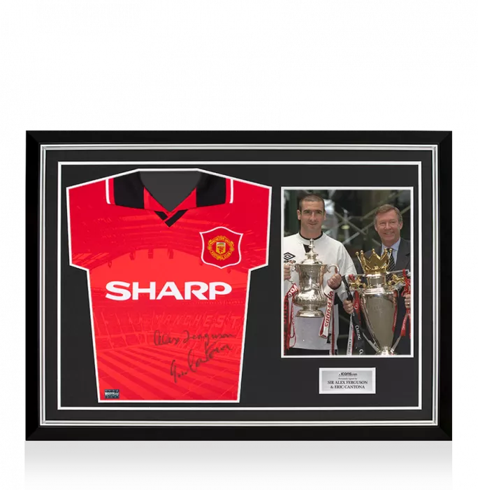 Eric Cantona Dual Front Signed Manchester United 1996 Home Shirt with Sir Alex Ferguson In Hero Frame: Option 1