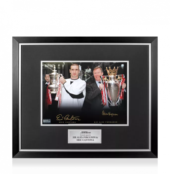 Eric Cantona Dual Signed Photo 1996 Double Season with Sir Alex Ferguson In Premium Photo Frame