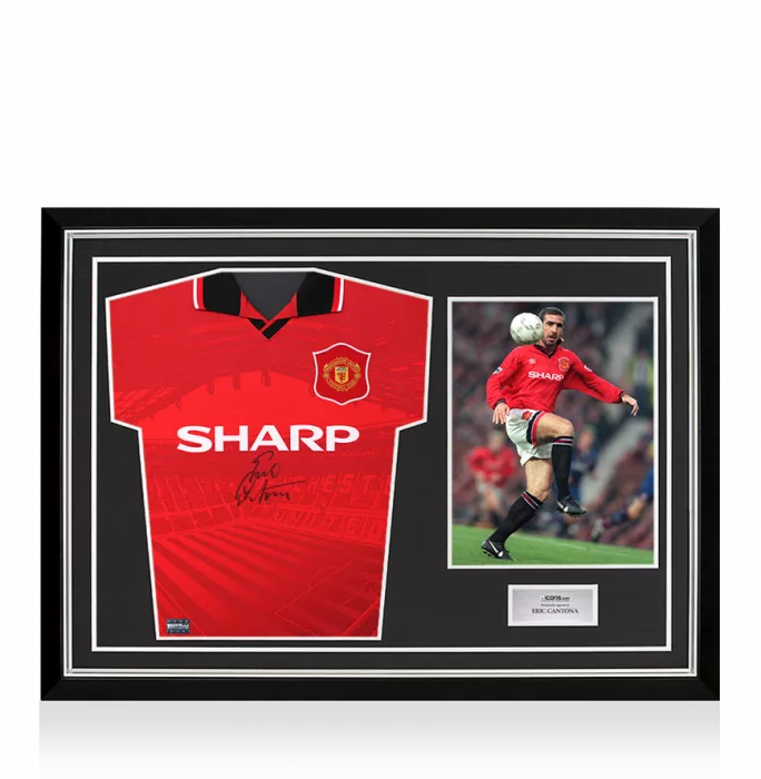 Eric Cantona Front Signed Manchester United 1996 Home Shirt In Hero Frame: Option 1