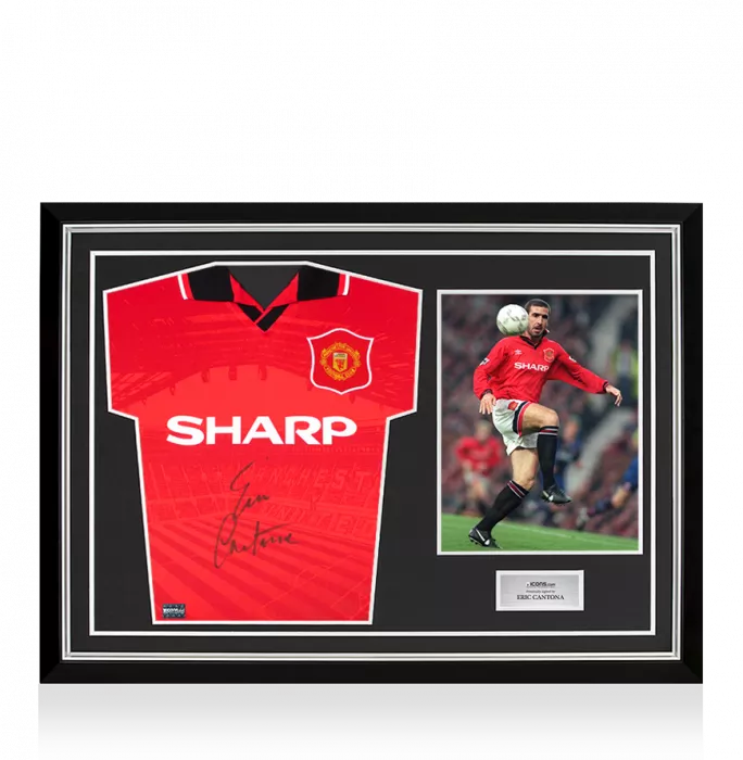 Eric Cantona Front Signed Manchester United 1996 Home Shirt In Hero Frame: Option 1