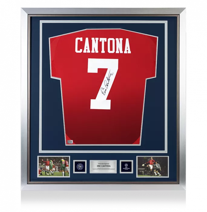 Eric Cantona Official UEFA Champions League Back Signed and Framed Manchester United 2024-25 Home Shirt with Fan Style Number