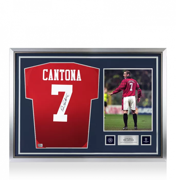 Eric Cantona Official UEFA Champions League Back Signed and Hero Framed Manchester United 2024-25 Home Shirt with Fan Style Number