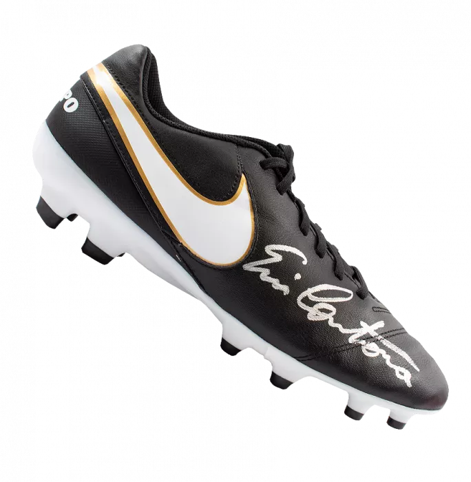 Eric Cantona Signed Black Nike Tiempo Boot In Acrylic Case