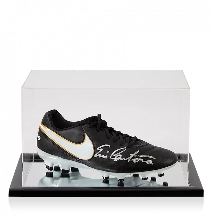Eric Cantona Signed Black Nike Tiempo Boot In Acrylic Case