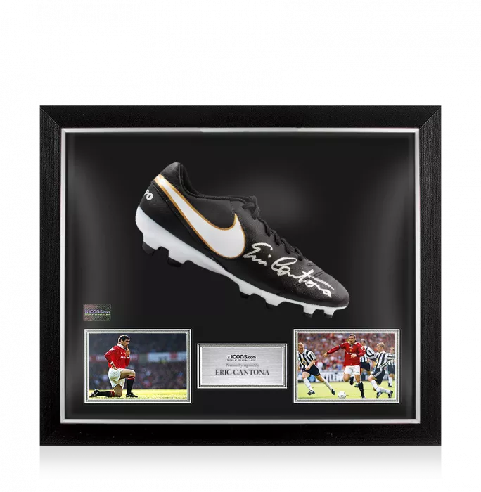 Eric Cantona Signed Black Nike Tiempo Boot In Bubble Frame: Option 1