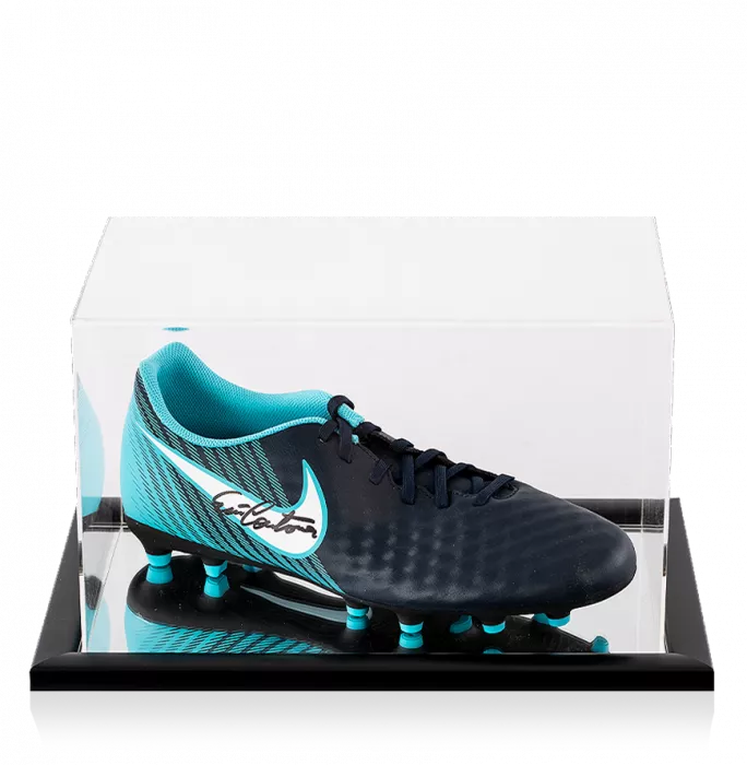 Eric Cantona Signed Blue And Black Nike Boot In Acrylic Case