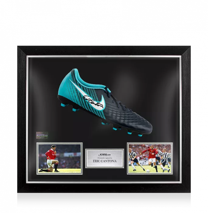 Eric Cantona Signed Blue And Black Nike Boot In Bubble Frame: Option 1
