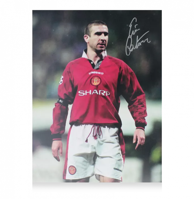 Eric Cantona Signed Manchester United Photo In Black Wooden Frame: Collar Up Celebration