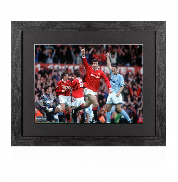 Eric Cantona Signed Manchester United Photo In Black Wooden Frame: Goal vs Manchester City