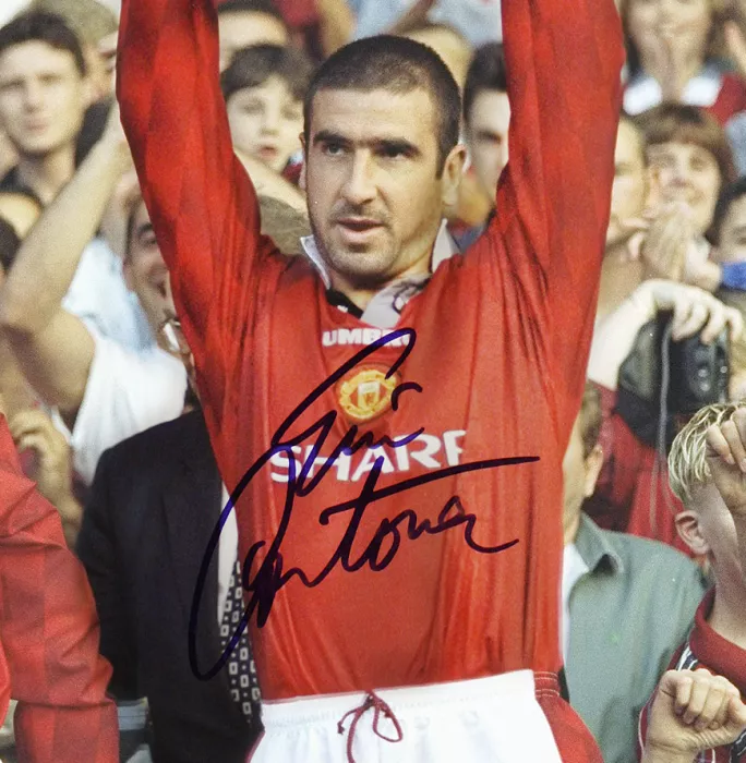 Eric Cantona Signed Manchester United Photo In Black Wooden Frame: 1995-96 Premier League Winner