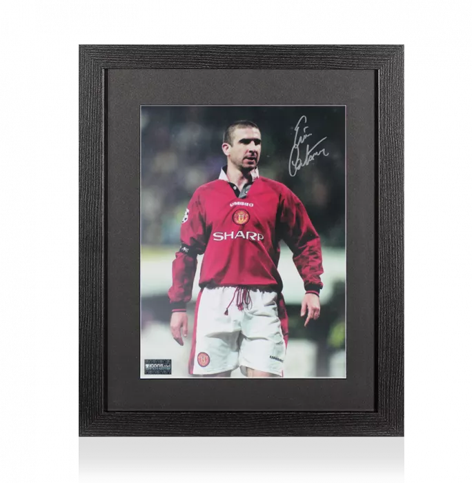 Eric Cantona Signed Manchester United Photo In Black Wooden Frame: Collar Up Celebration