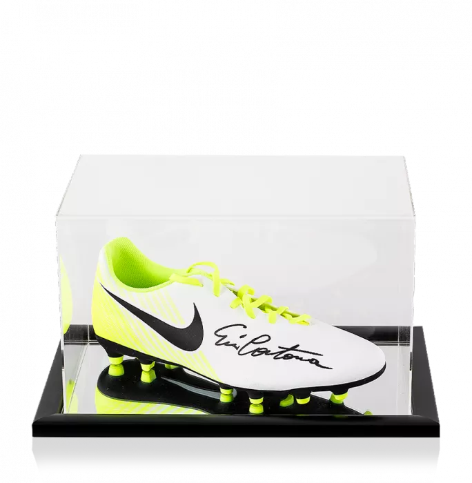 Eric Cantona Signed White and Green Nike Boot In Acrylic Case