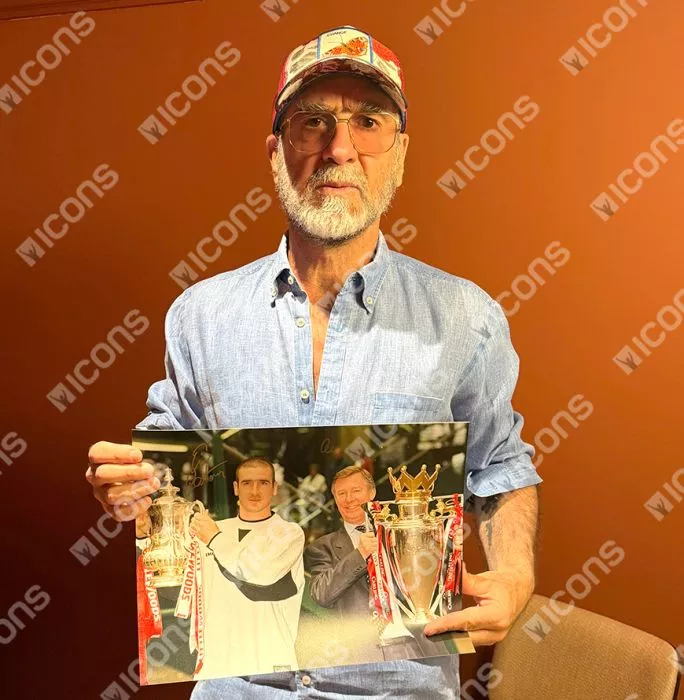 Eric Cantona & Sir Alex Ferguson Signed Manchester United Photo In Black Wooden Frame: 1996 Double