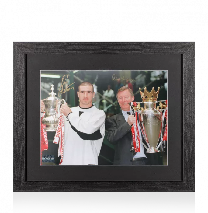 Eric Cantona & Sir Alex Ferguson Signed Manchester United Photo In Black Wooden Frame: 1996 Double