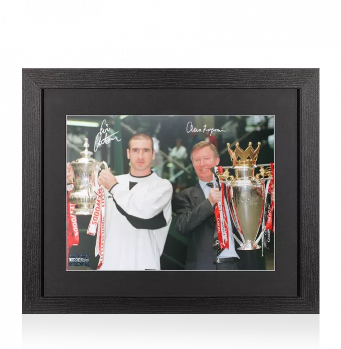 Eric Cantona & Sir Alex Ferguson Signed Manchester United Photo In Black Wooden Frame: 1996 Double