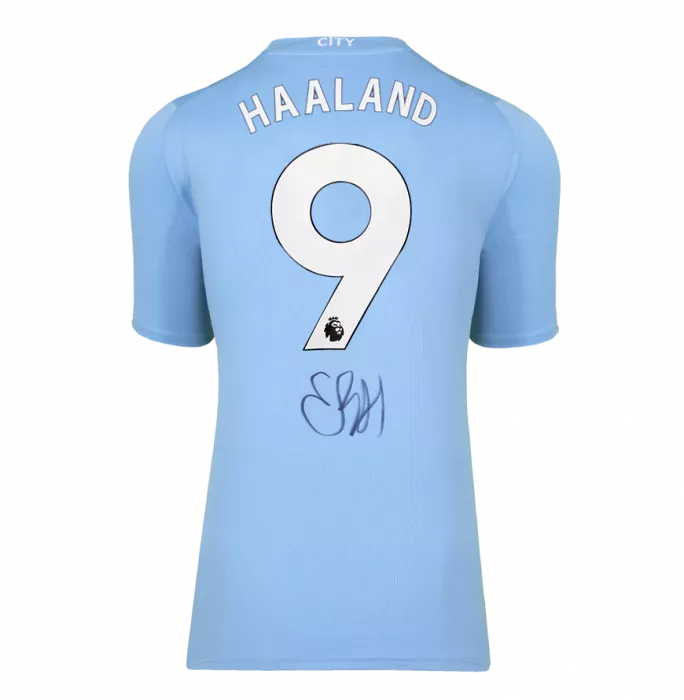 Erling Haaland Official Ballon D'Or™ Back Signed And Hero Framed Manchester City 2023-24 Home Shirt Signed Under Number: 2023 Gerd Müller Trophy Winner