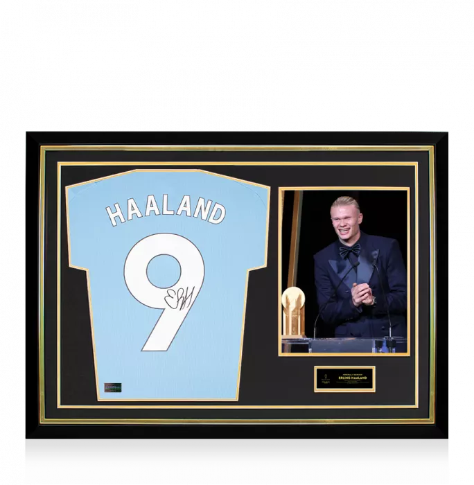 Erling Haaland Official Ballon d'Or™ Back Signed and Hero Framed Manchester City 2023-24 Home Shirt: 2023 Gerd Müller Trophy Winner